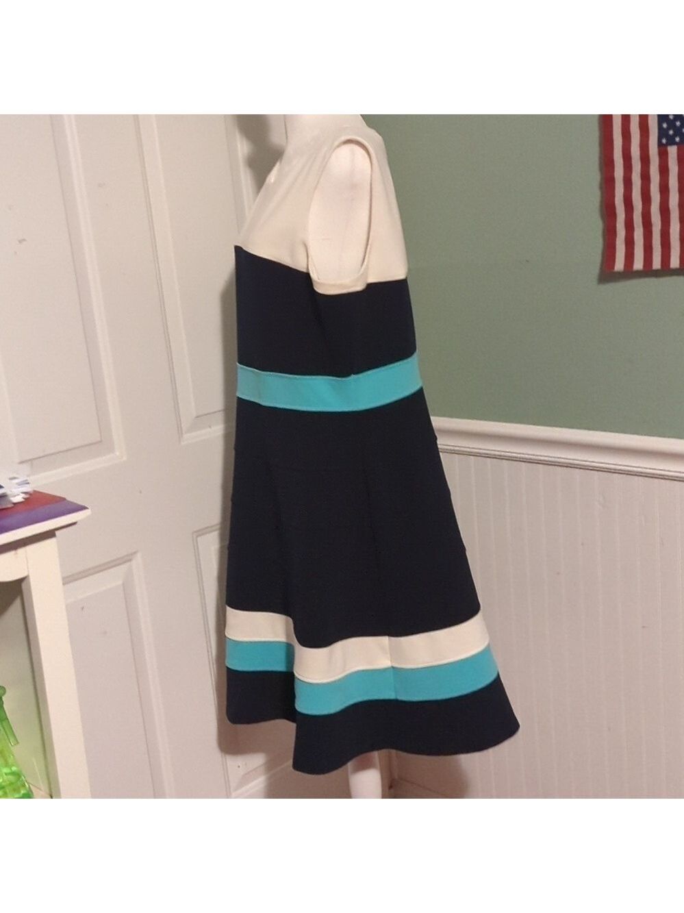 Tommy Hilfiger A Line Dress Navy Teal Cream Size 16 - Picture 5 of 14